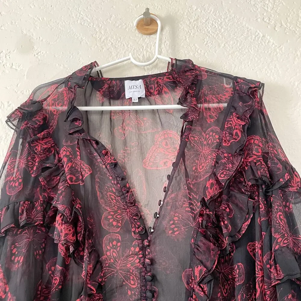 MISA Los Angeles Frida Butterfly Sheer Blouse Ruffle Puffy Sleeves sz XS X-Small - Picture 6 of 13